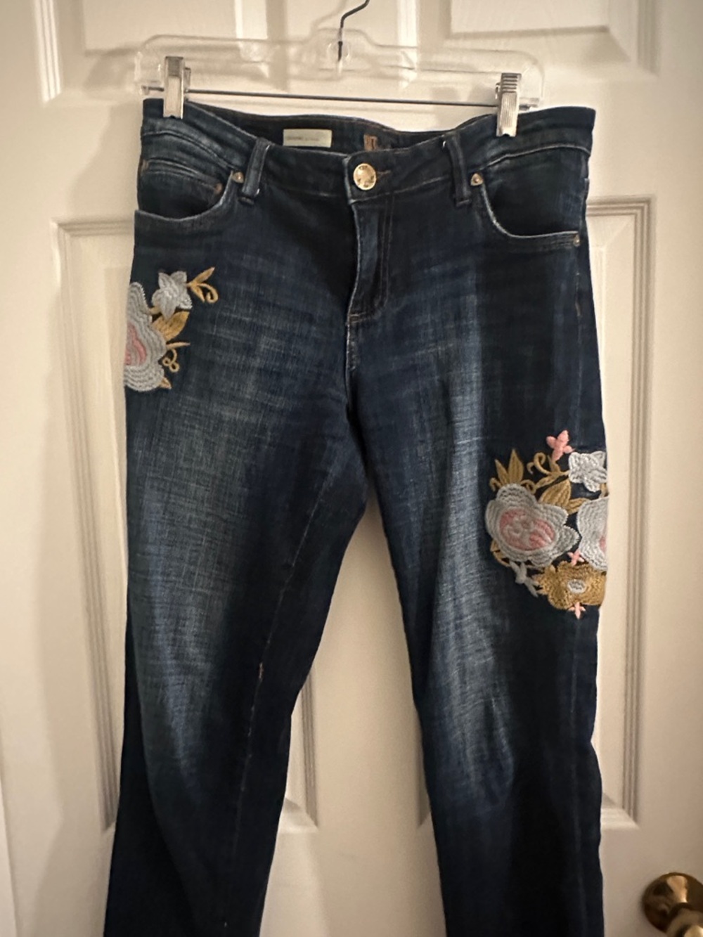 Kut from the Kloth Dark Blue Straight Leg Jeans with Embroidered Floral Accents